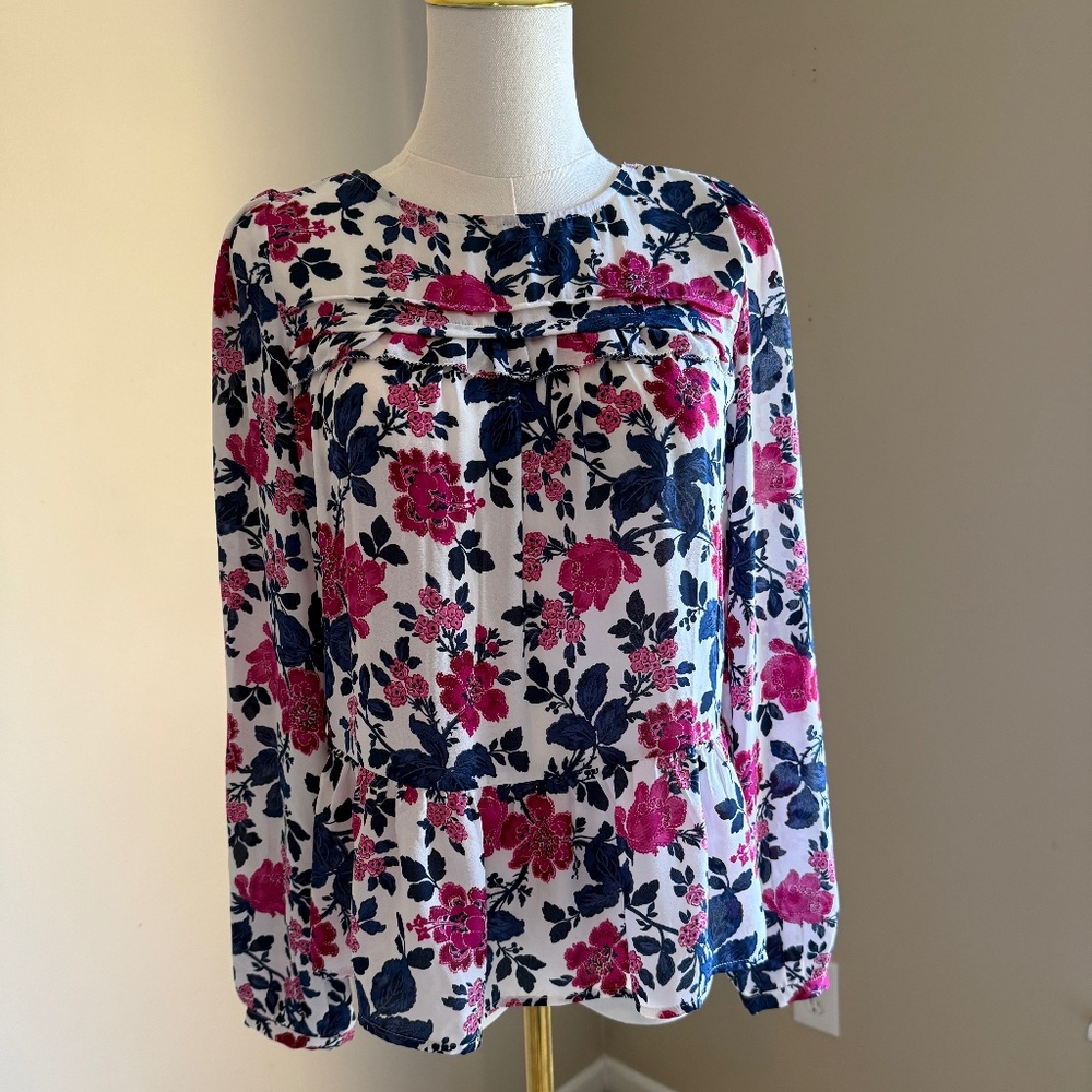 Loft Pink and Blue Floral Long Sleeve Blouse Size XS